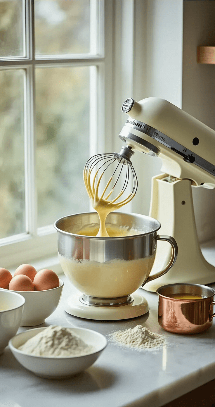 A modern kitchen bathed in soft natural light features a stand mixer whipping a pale golden egg mixture to ribbon stage on a pristine marble countertop, surrounded by farm-fresh eggs, measured flour in a porcelain bowl, and a steaming copper pot of melted butter.