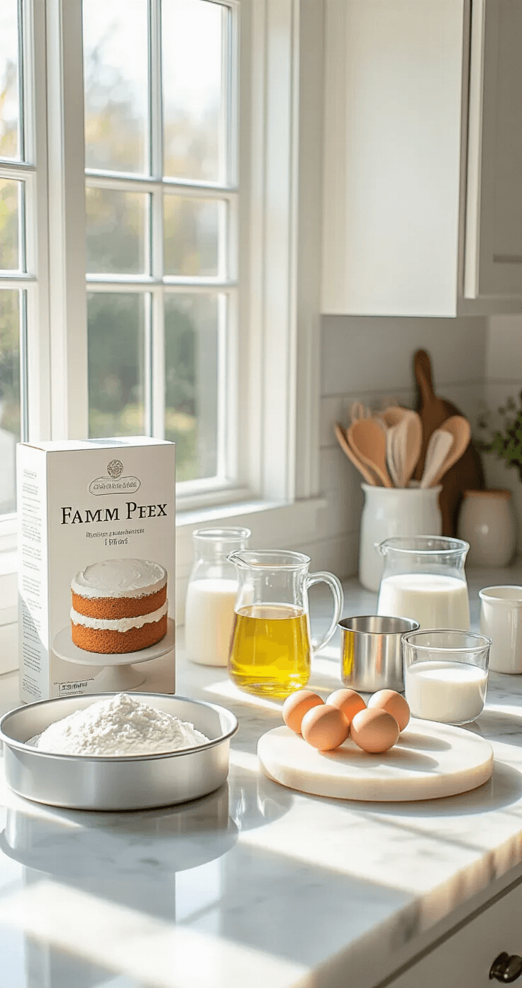 Sunlit modern kitchen countertop with baking ingredients, including a white cake mix box, farm-fresh eggs, measuring cups of oil and milk, an 8-inch round cake pan, all arranged on a marble surface with natural light casting gentle shadows.