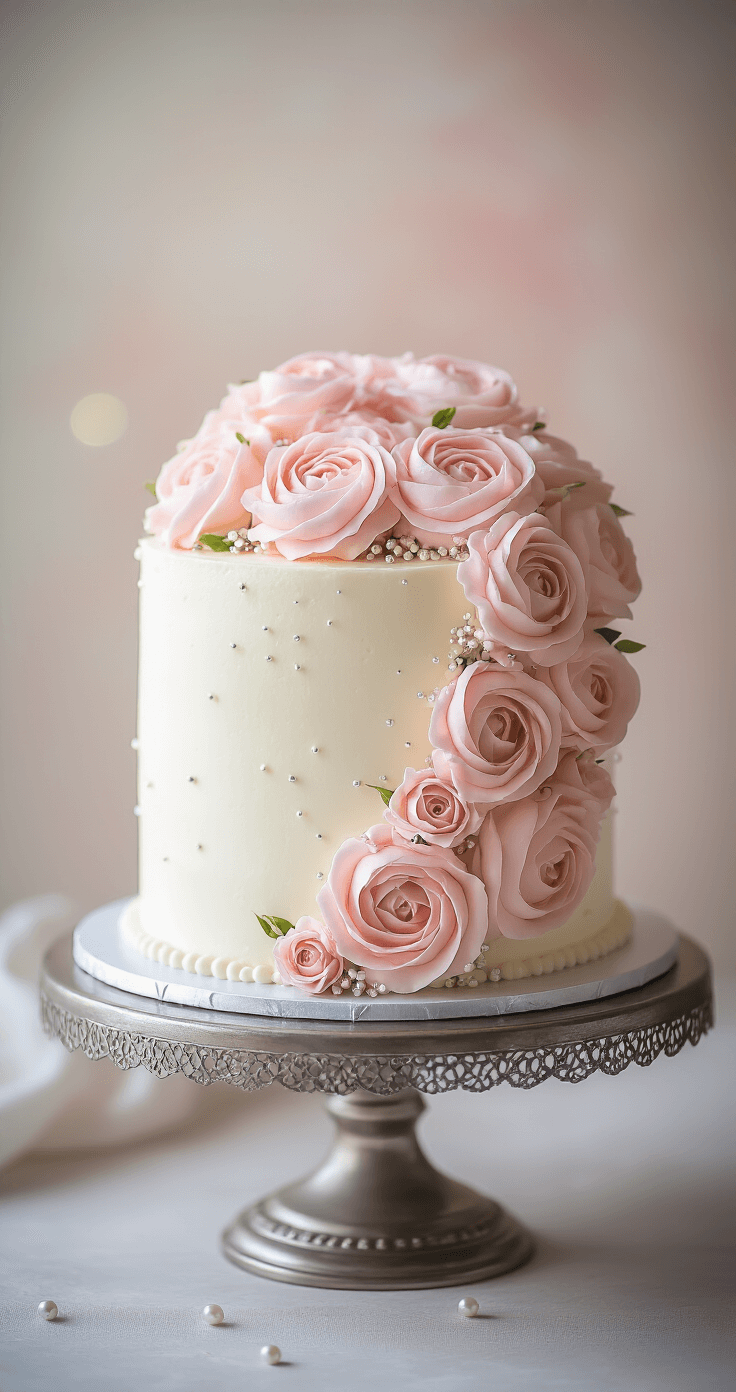 A beautifully decorated birthday cake on a vintage silver stand, featuring smooth white buttercream frosting, delicate pink rosettes, fresh pale pink roses, silver sprinkles, and pearl-like decorations, set against a soft-focus pastel background with a gentle spotlight.