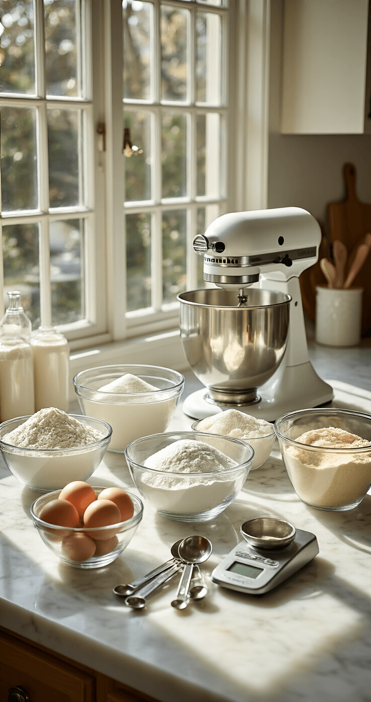 A bright kitchen countertop with organized baking ingredients in glass bowls, sunlight streaming through a window, a stand mixer, measuring spoons, and a digital scale.