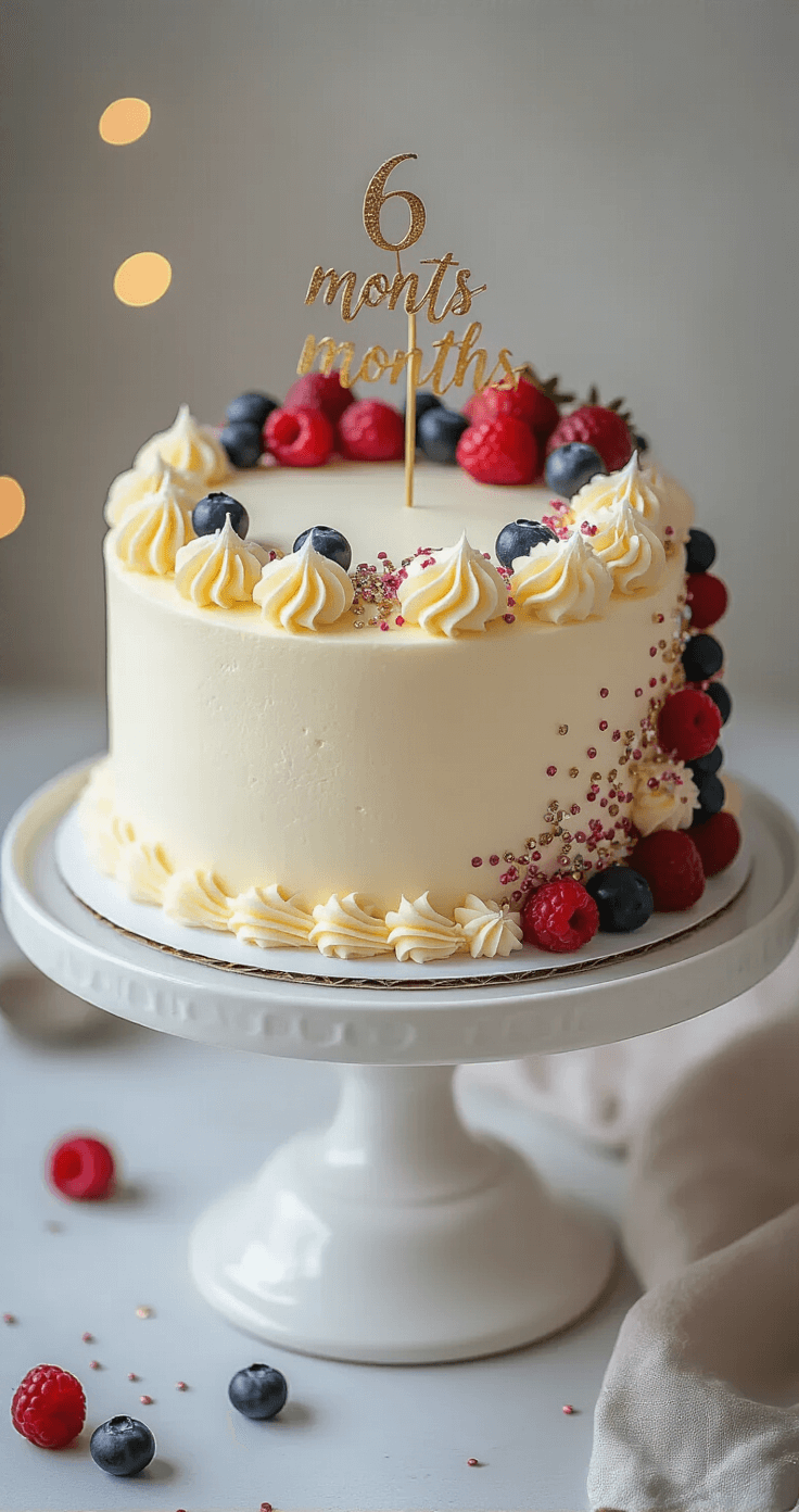 A elegantly styled half-moon cake with pastel buttercream frosting, decorated with piped rosettes, fresh berries, metallic sprinkles, and a '6 months' topper, displayed on a white ceramic stand, captured from a 45-degree angle in a softly lit setting with a blurred background.