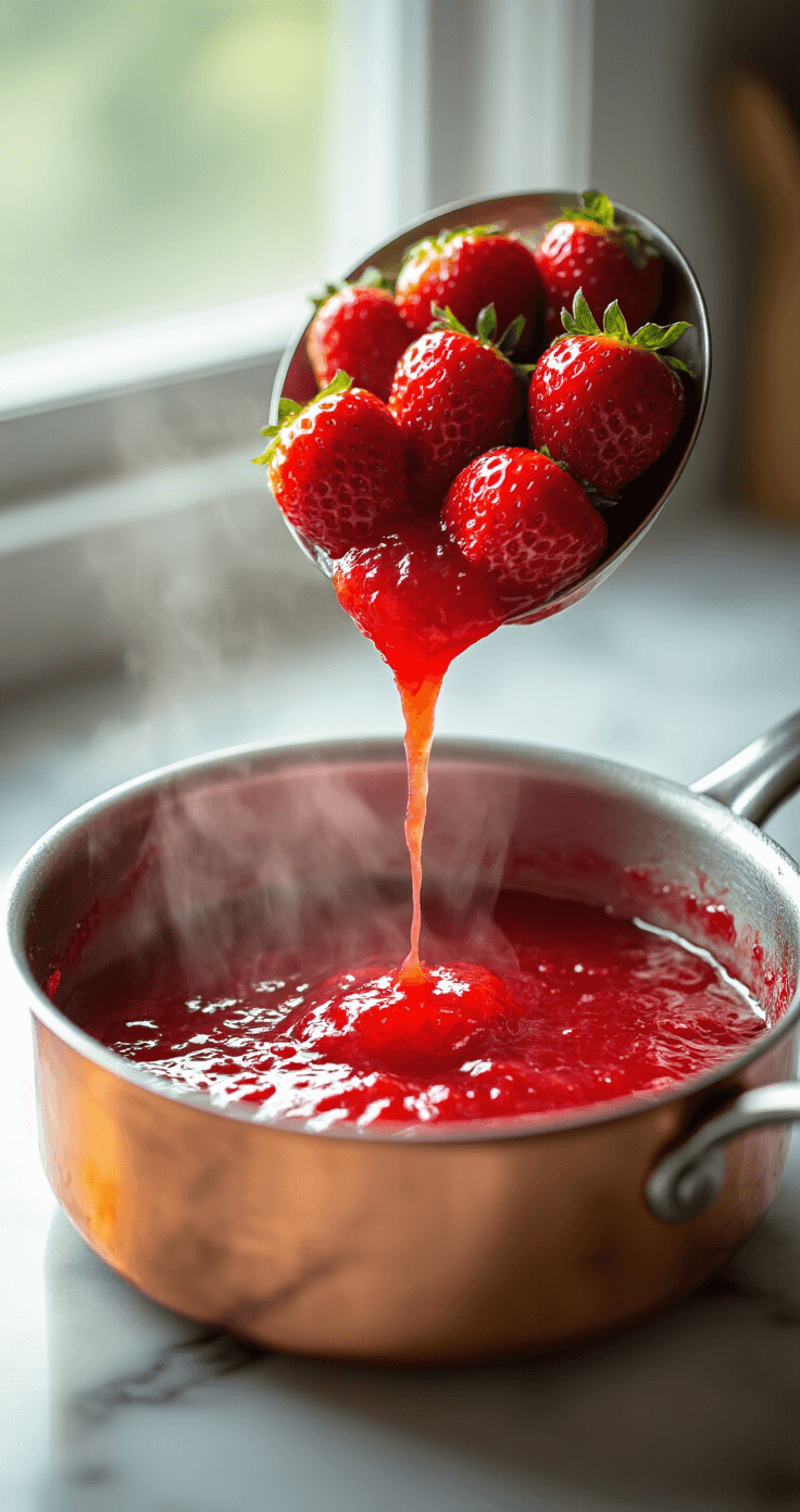 Close-up of vibrant red strawberries in a copper pot, bubbling and transforming into a glossy reduction as steam rises. Natural light illuminates the jam-like consistency on a marble countertop in a professional kitchen.