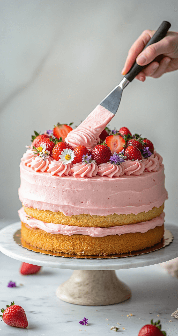 Professional overhead view of a three-layer strawberry cake being assembled, featuring pink cream cheese frosting swirls, fresh strawberries, and edible flowers, set on a marble countertop with freeze-dried strawberry crumbs.