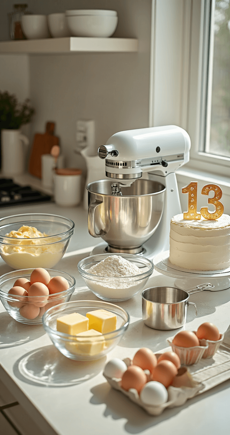 Ultimate 13th Birthday Cake: The Perfect Teenage Milestone Dessert A bright modern kitchen counter with neatly arranged ingredients for a birthday cake, including eggs, butter, vanilla extract, flour, and sugar, alongside a stand mixer and a '13' cake topper.