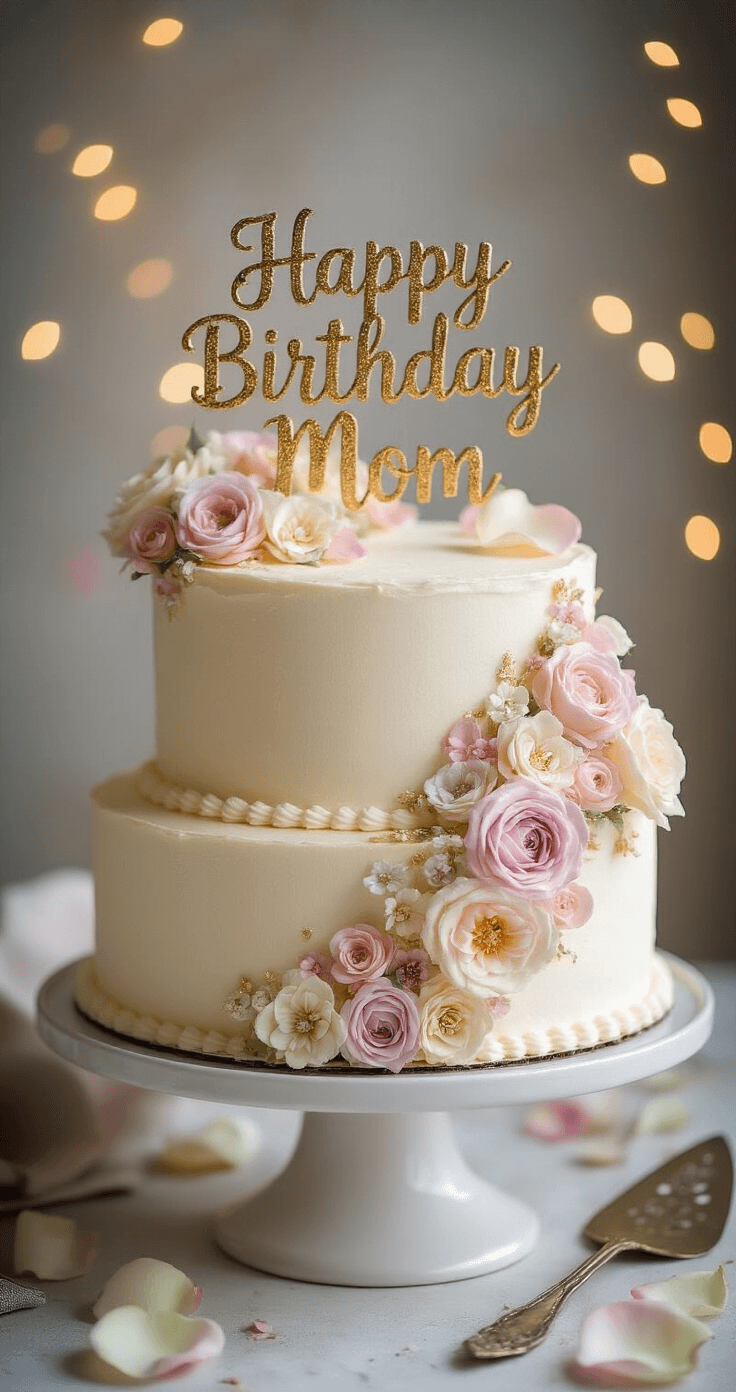 Happy Birthday Mom Cake: A Delightful Celebration Centerpiece Overhead view of a two-layer birthday cake on a white ceramic stand, decorated with pastel buttercream flowers and gold-dusted lettering that reads 'Happy Birthday Mom', surrounded by rose petals and vintage baking tools in a softly lit background.
