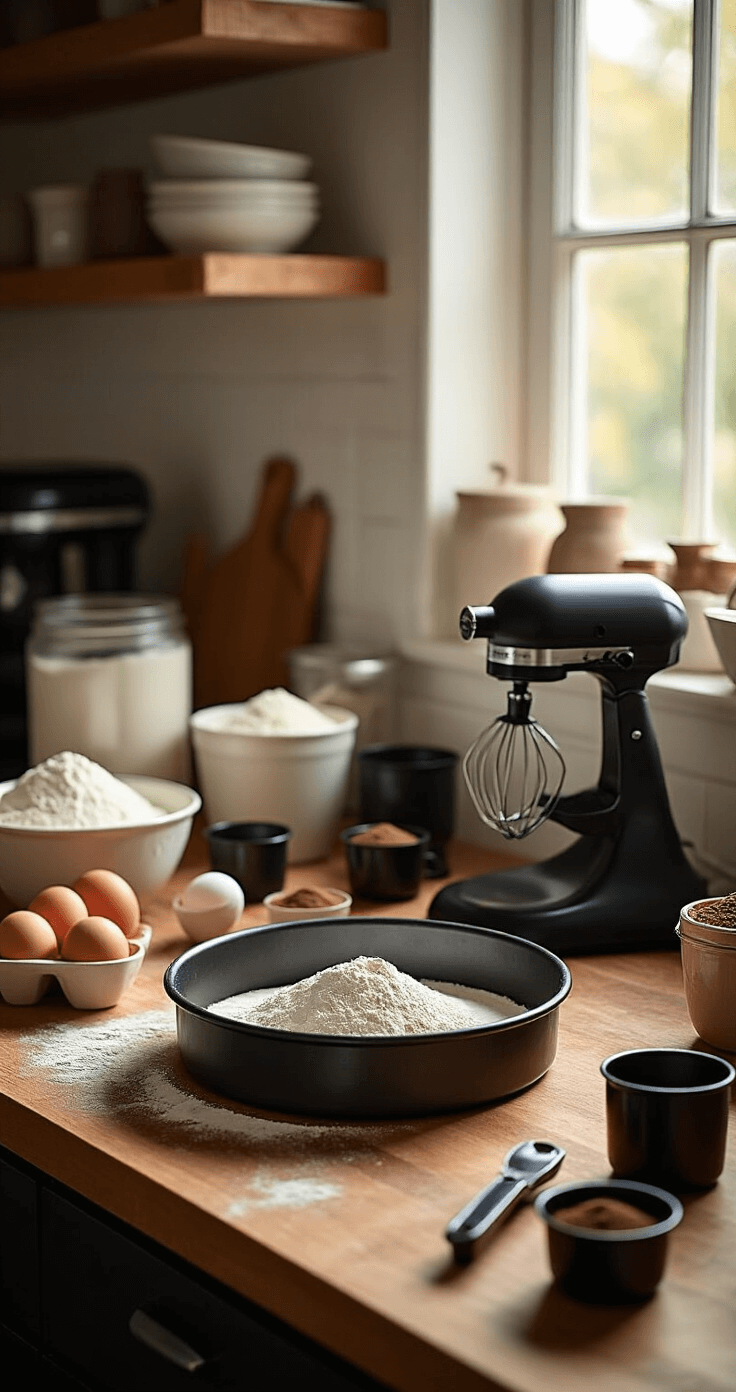 Epic Male Birthday Cake: The Ultimate Chocolate Mud Cake Guide A professional kitchen countertop illuminated by natural light, showcasing neatly arranged baking ingredients including flour, cocoa powder, and eggs. A black 9-inch cake pan and a premium electric mixer are featured prominently, set against a backdrop of a dark wooden cutting board and matte black measuring cups, conveying precision and craftsmanship.