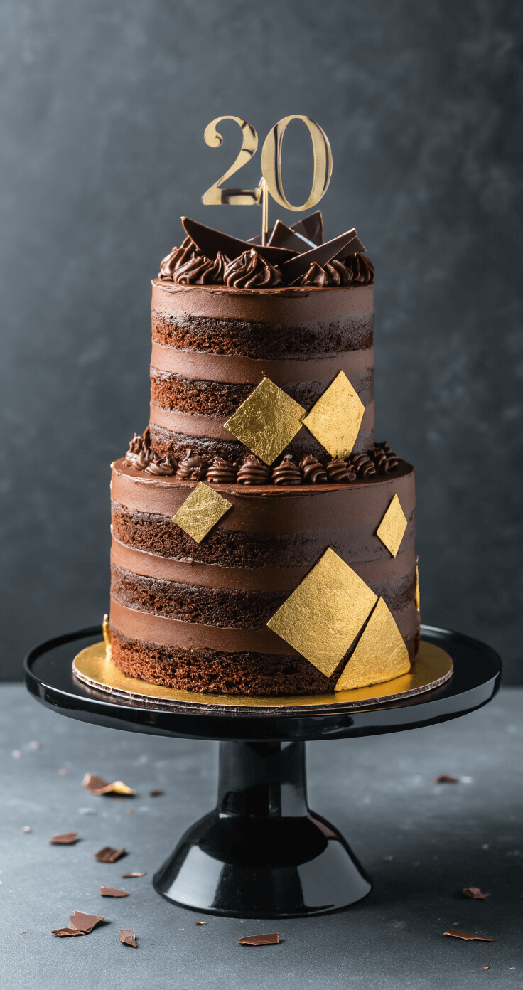 Epic Male Birthday Cake: The Ultimate Chocolate Mud Cake Guide A luxurious chocolate mud cake on a black stand with geometric gold leaf accents and chocolate shavings, set against a dark backdrop, featuring a subtle sports-themed topper.