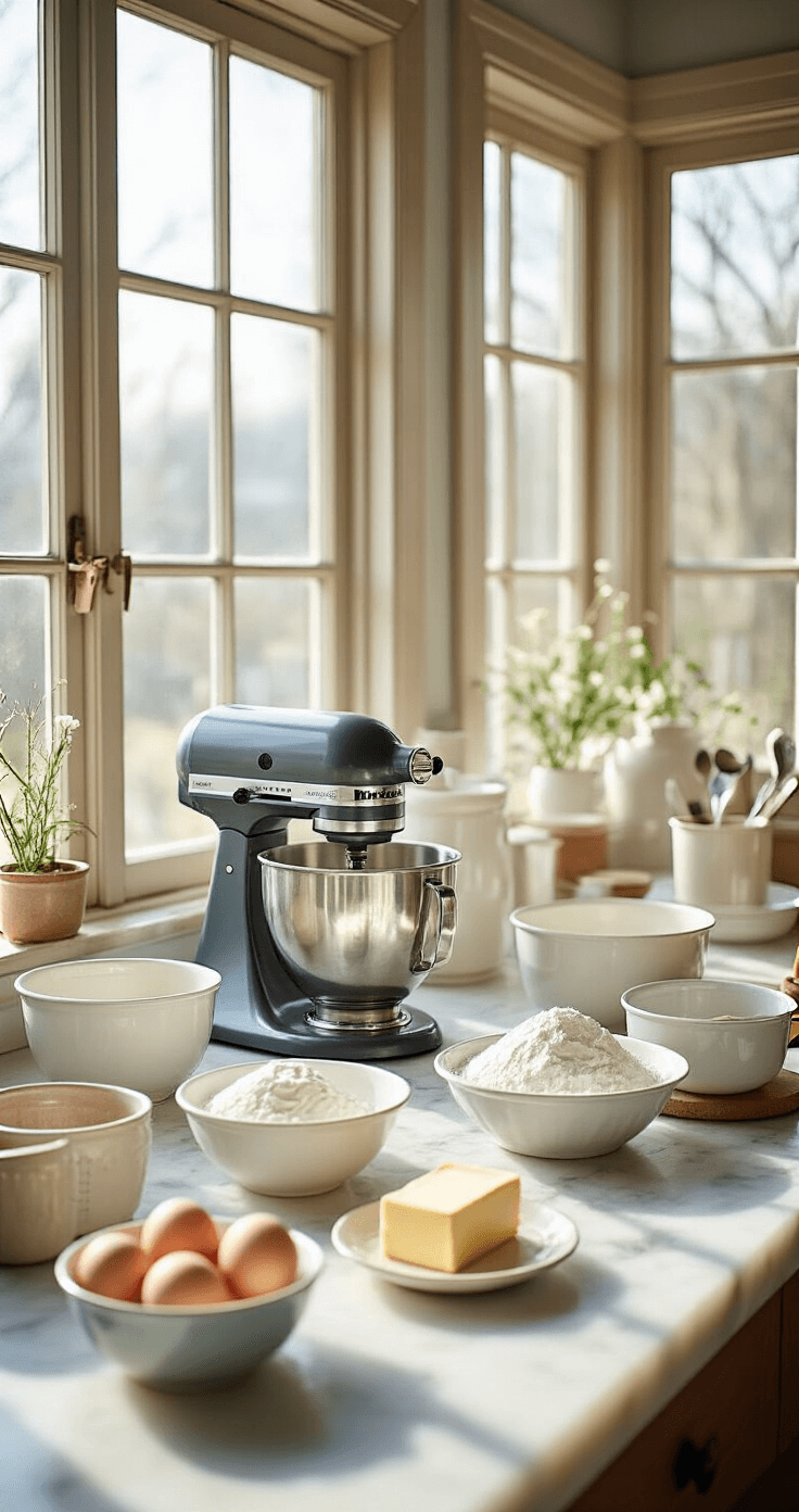 Professional kitchen workspace with natural light, featuring organized baking ingredients like fresh eggs, softened butter, and flour in vintage bowls on a marble countertop, along with a KitchenAid mixer and aligned cake pans.