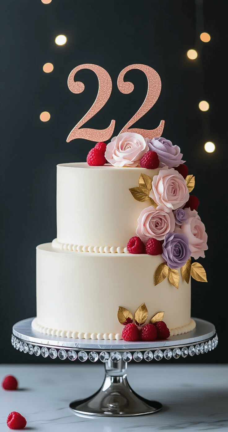 Elegant two-tiered birthday cake with pearl-white buttercream frosting, gold leaf accents, fresh raspberries, and soft pink and lavender buttercream flowers, topped with a rose gold '22' cake topper, set on a crystal cake stand against a dark charcoal backdrop.