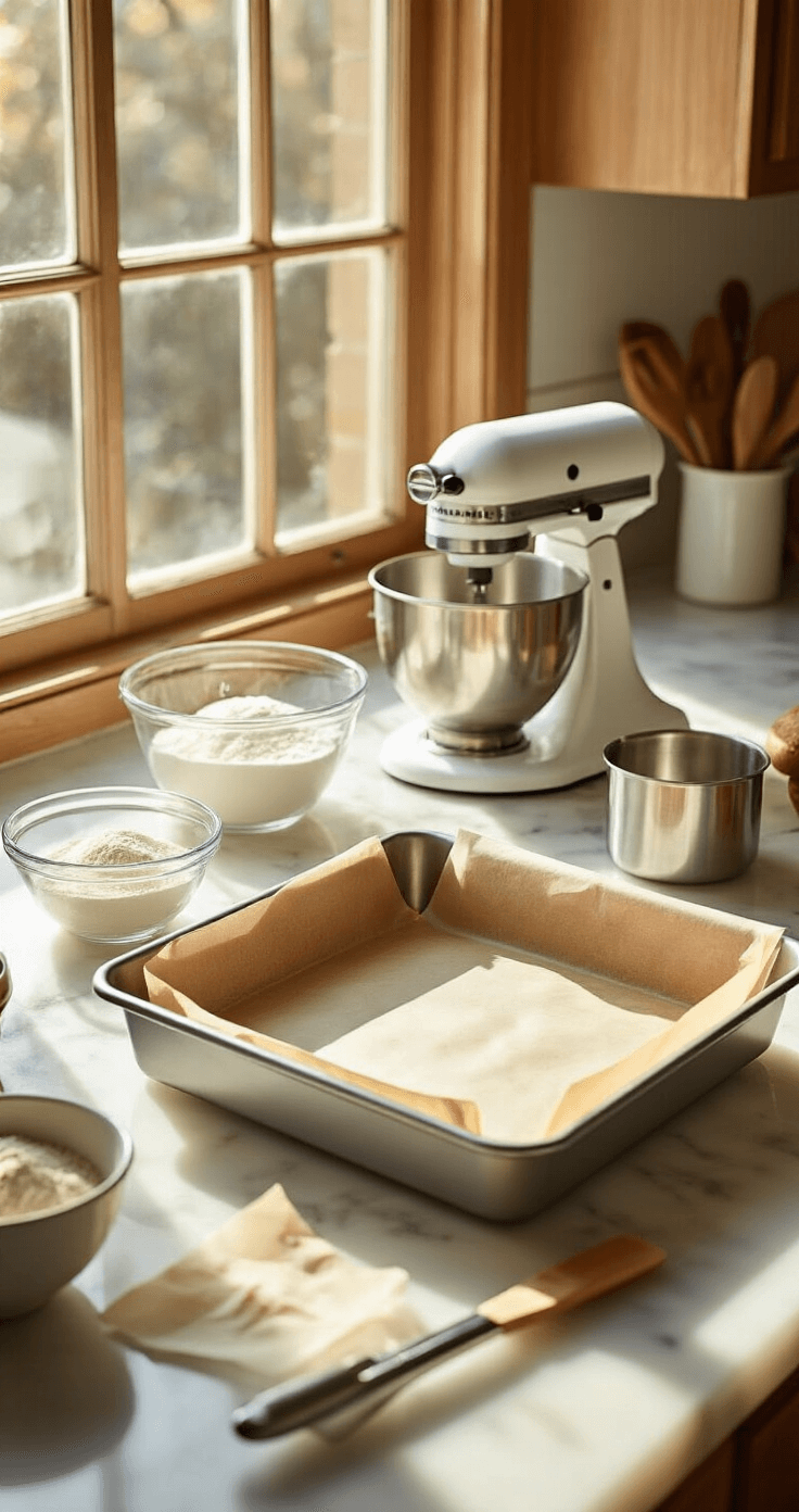 A professional kitchen setup with warm natural light, showcasing measured ingredients in glass bowls, a 9-inch square cake pan lined with parchment paper, and baking tools like an electric mixer and measuring cups on a marble countertop.