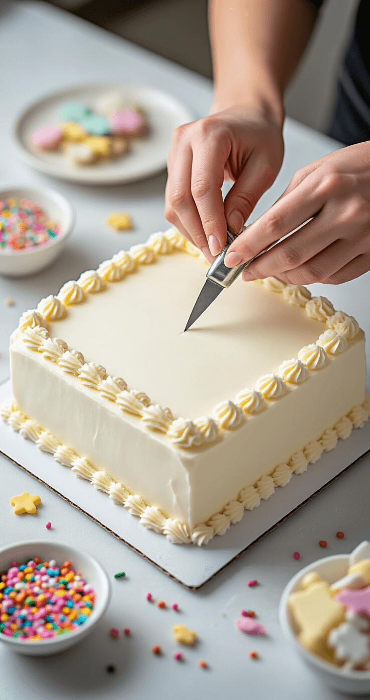 Close-up of hands decorating a square birthday cake with smooth frosting and intricate piping details, surrounded by decorating tools and colorful sprinkles in a professional patisserie setting.