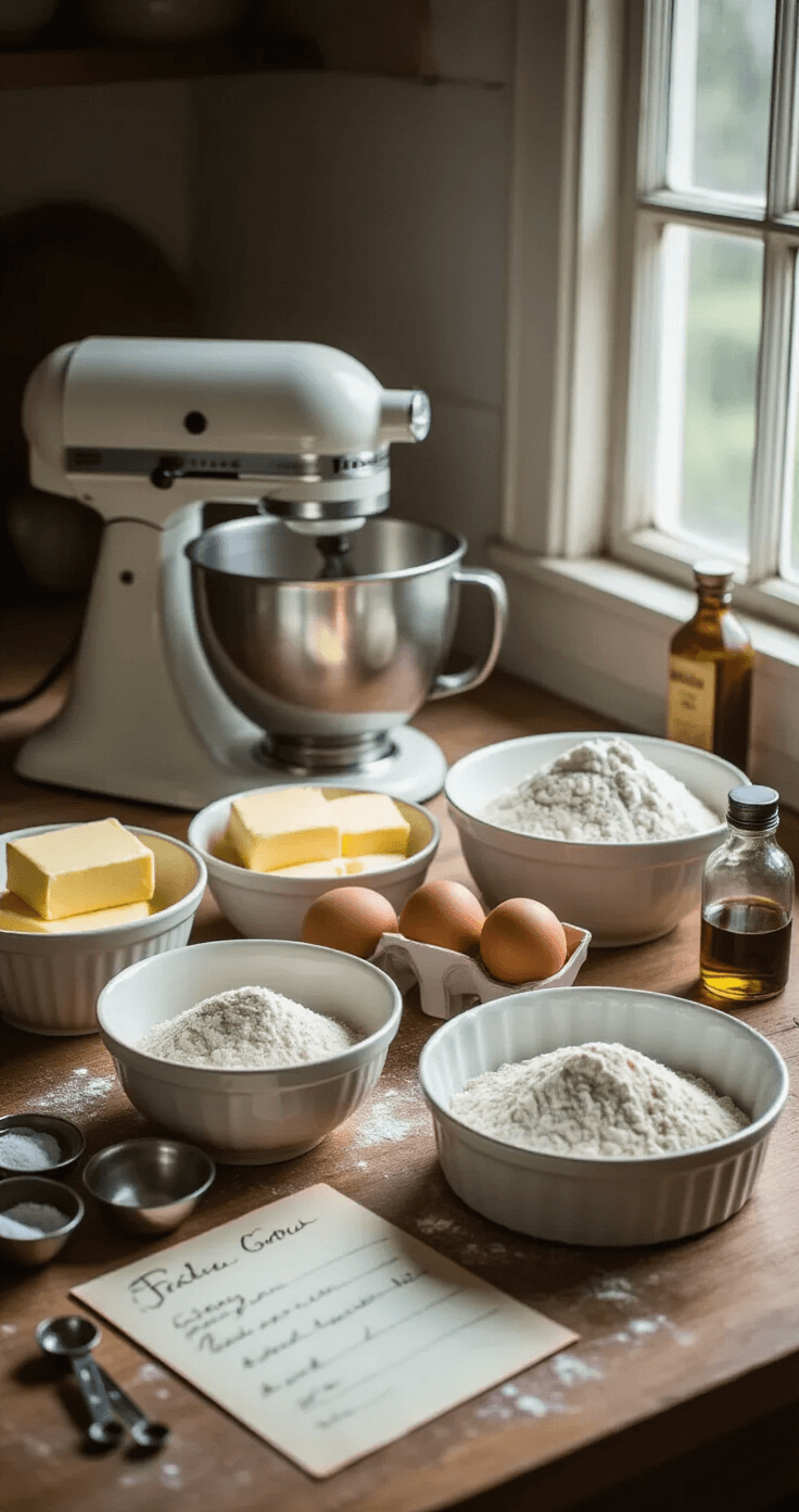 Close-up of a pristine kitchen workspace featuring vintage ceramic bowls with softened butter, fresh eggs, and sifted flour, illuminated by natural light. A professional stand mixer and two clean cake pans are present, along with a handwritten recipe card, measuring spoons, and vanilla extract arranged to create leading lines.