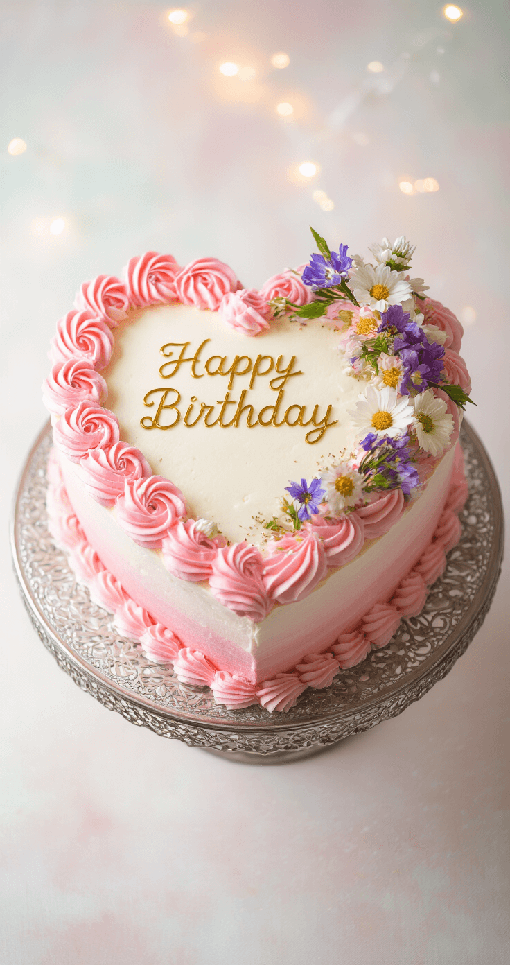 Overhead view of a heart-shaped cake with pink ombré buttercream frosting and piped rosettes on a silver stand, adorned with fresh flowers and metallic sprinkles, featuring a gold birthday message against a soft pastel background.