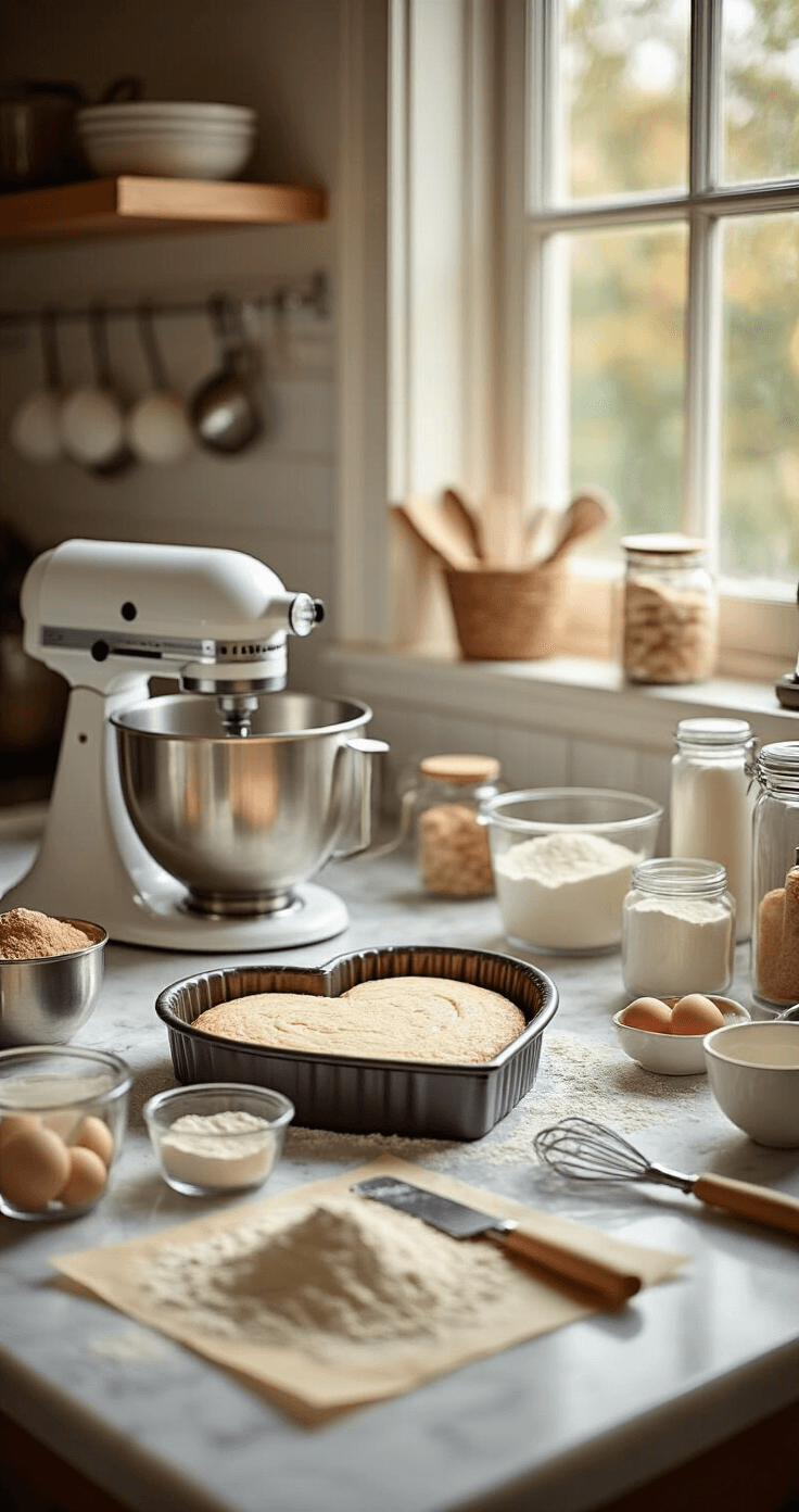 A professional baking station set up for heart cake preparation, featuring stainless steel mixing bowls, measured ingredients in glass containers, and a heart-shaped cake pan with parchment paper, all illuminated by warm natural light.