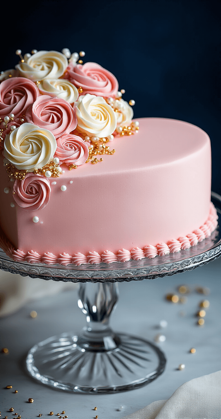 Stunning heart-shaped cake with pink buttercream, rosettes, pearls, and cascading sugar flowers on a crystal stand against a dark navy backdrop.