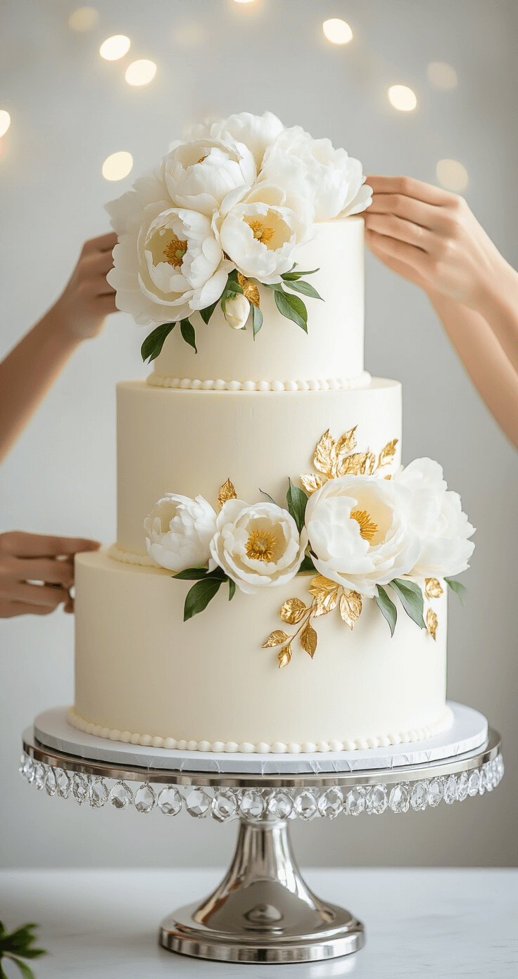 Elegant three-tiered white wedding cake on a metallic turntable, adorned with fresh peonies and gold leaf, showcased under soft studio lighting with a bokeh background.