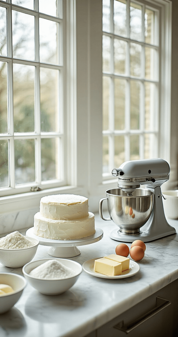 Minimalist Wedding Cake: Elegant Simplicity for Your Special Day A bright professional kitchen with a marble countertop showcasing ingredients for a wedding cake, including bowls of flour, sugar, and eggs, alongside a stand mixer and softening butter, all arranged with organized baking tools.
