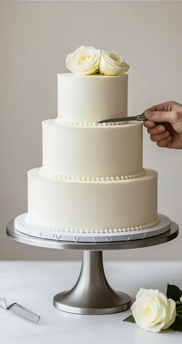 Minimalist Wedding Cake: Elegant Simplicity for Your Special Day An elegant three-tier white wedding cake being assembled on a metallic stand, showcasing sharp edges and a smooth buttercream finish, with delicate support dowels and a fresh white rose as an accent.