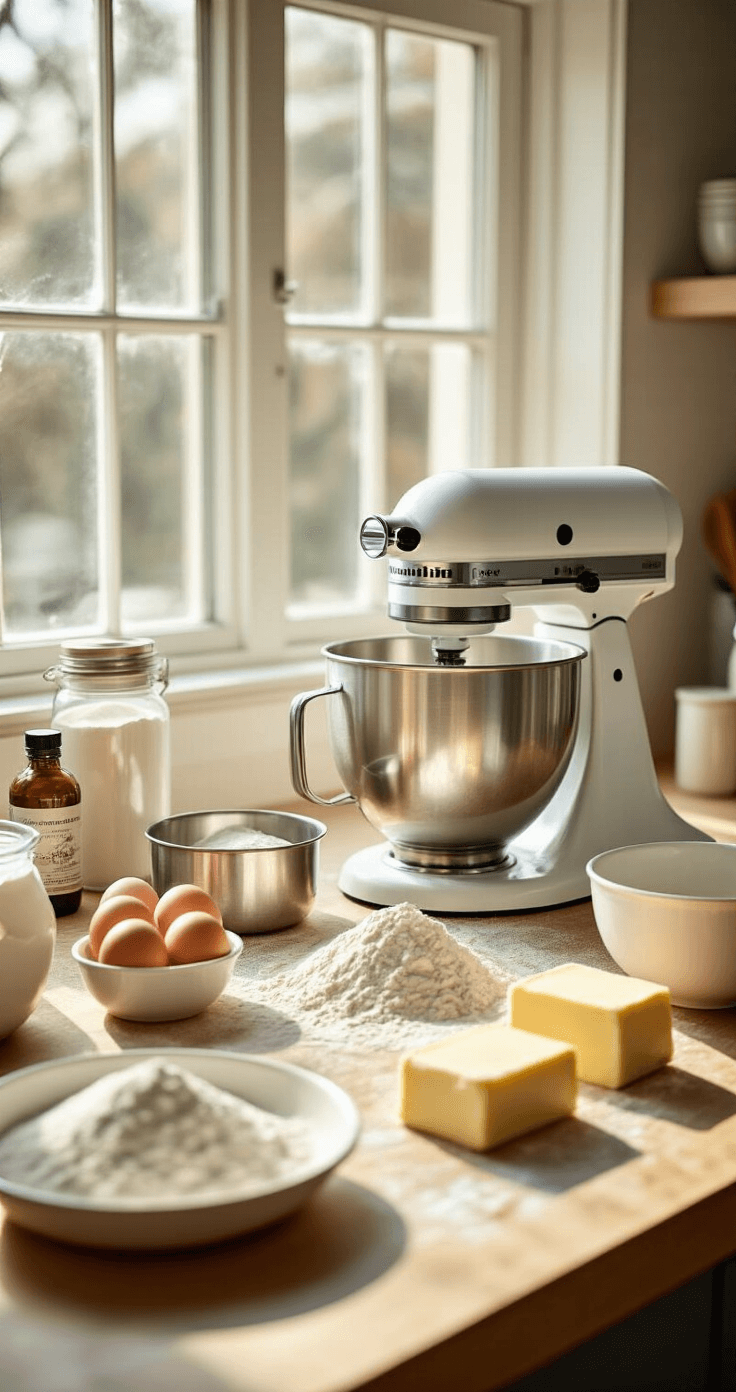 Close-up of a well-organized kitchen countertop featuring baking ingredients like flour-dusted measuring cups, farm-fresh eggs, a bottle of premium vanilla extract, and blocks of softened butter, with a professional stand mixer and natural sunlight illuminating the scene.