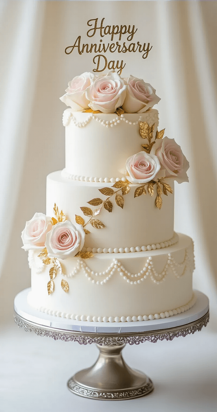 Elegant three-tiered white anniversary cake with delicate pearl borders, metallic gold leaf accents, and fresh pale pink roses, displayed on a silver cake stand against a soft-focus background, illuminated by gentle studio lighting.