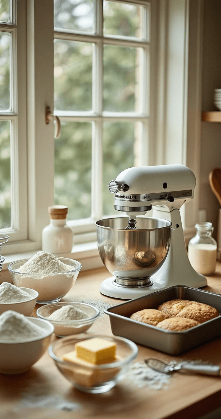 Small Wedding Cake: The Perfect Intimate Celebration Dessert Close-up of a pristine kitchen countertop with a stand mixer surrounded by measured ingredients in glass bowls, a lined cake pan, and baking tools, all illuminated by soft natural light.