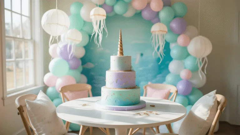 A whimsical living room transformed into an underwater narwhal paradise, featuring a 3-tier narwhal cake with iridescent details, a soft balloon garland, handcrafted jellyfish lanterns, and a hand-painted mural, all illuminated by dreamy morning light and sparkling crystal prisms.