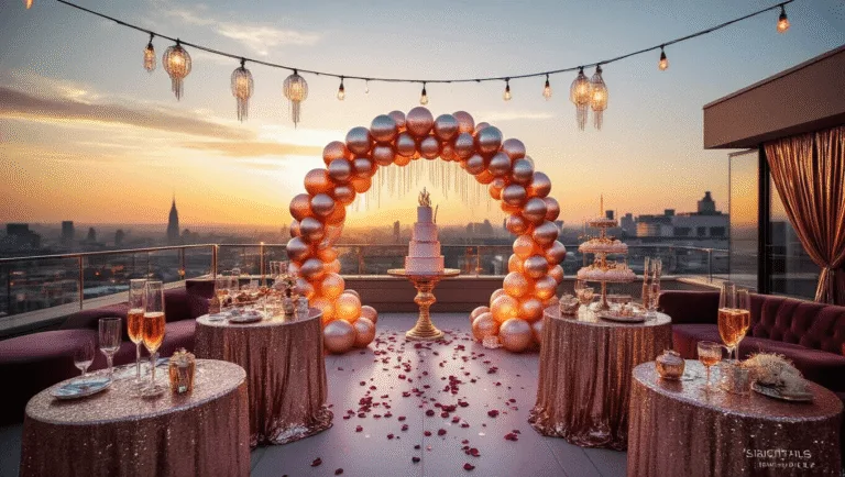 A luxurious rooftop birthday party setup at golden hour featuring sequin-draped tables, a massive balloon arch, fairy lights, crystal chandeliers, a glitter-dusted cake, champagne tower, and velvet seating with an illuminated cityscape backdrop.