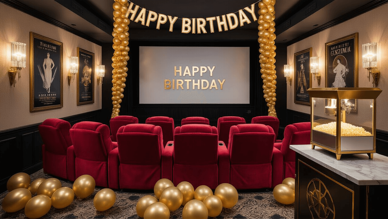 A luxurious home theater birthday party setup featuring red velvet recliners, a large projector screen, golden ambient lighting, a popcorn machine, art deco posters, a metallic gold "Happy Birthday" banner, golden balloon garlands, star-shaped confetti, and a film reel-shaped birthday cake on a rotating stand.