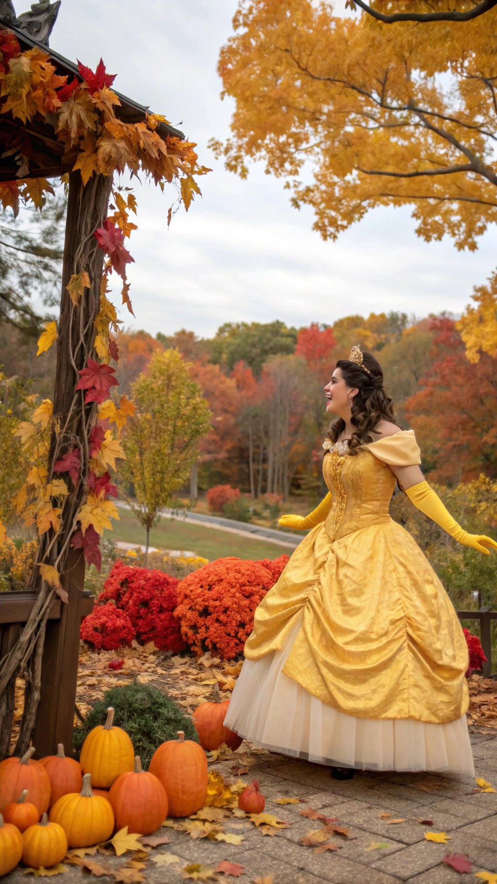 A person wearing a Belle Halloween costume with autumn leaves and pumpkins in the background.