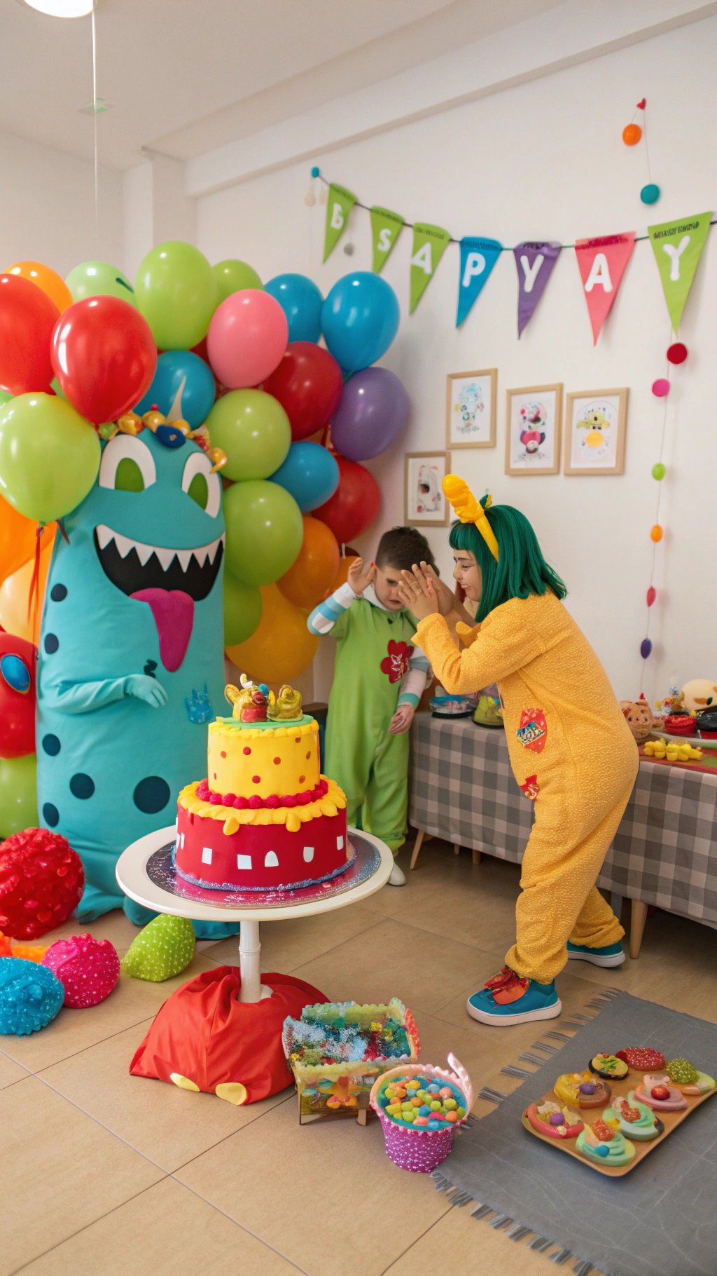 A colorful monster birthday party setup with balloons, a cake, and kids in costumes.