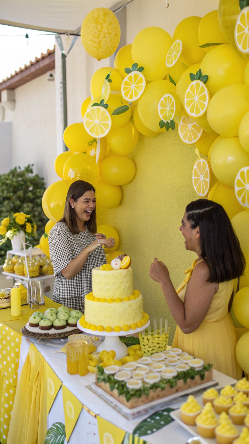 A vibrant lemon birthday party setup with a lemon cake, yellow balloons, and cheerful decorations.