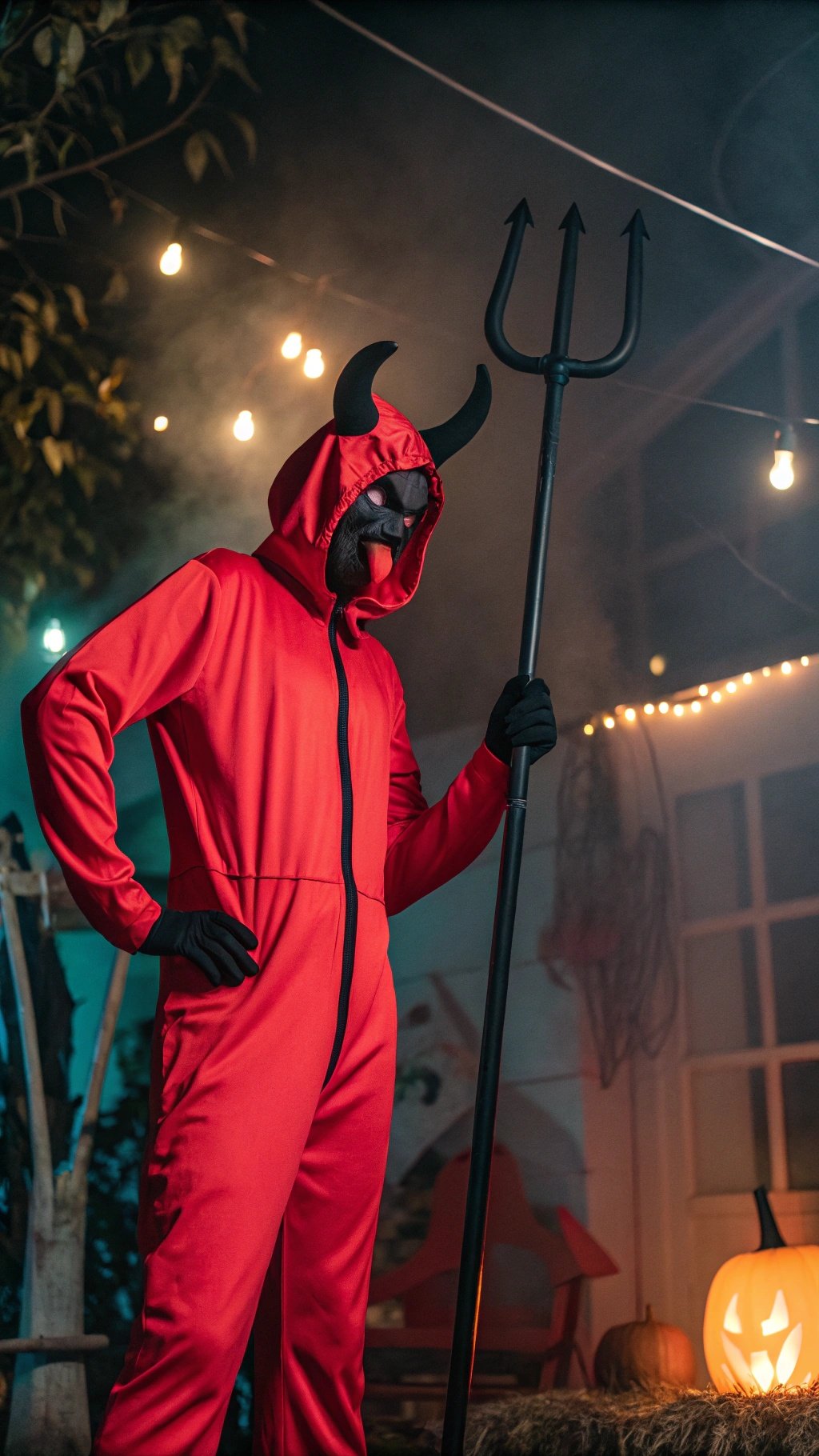 A person dressed in a red devil costume with horns, holding a pitchfork, set against a festive Halloween backdrop.