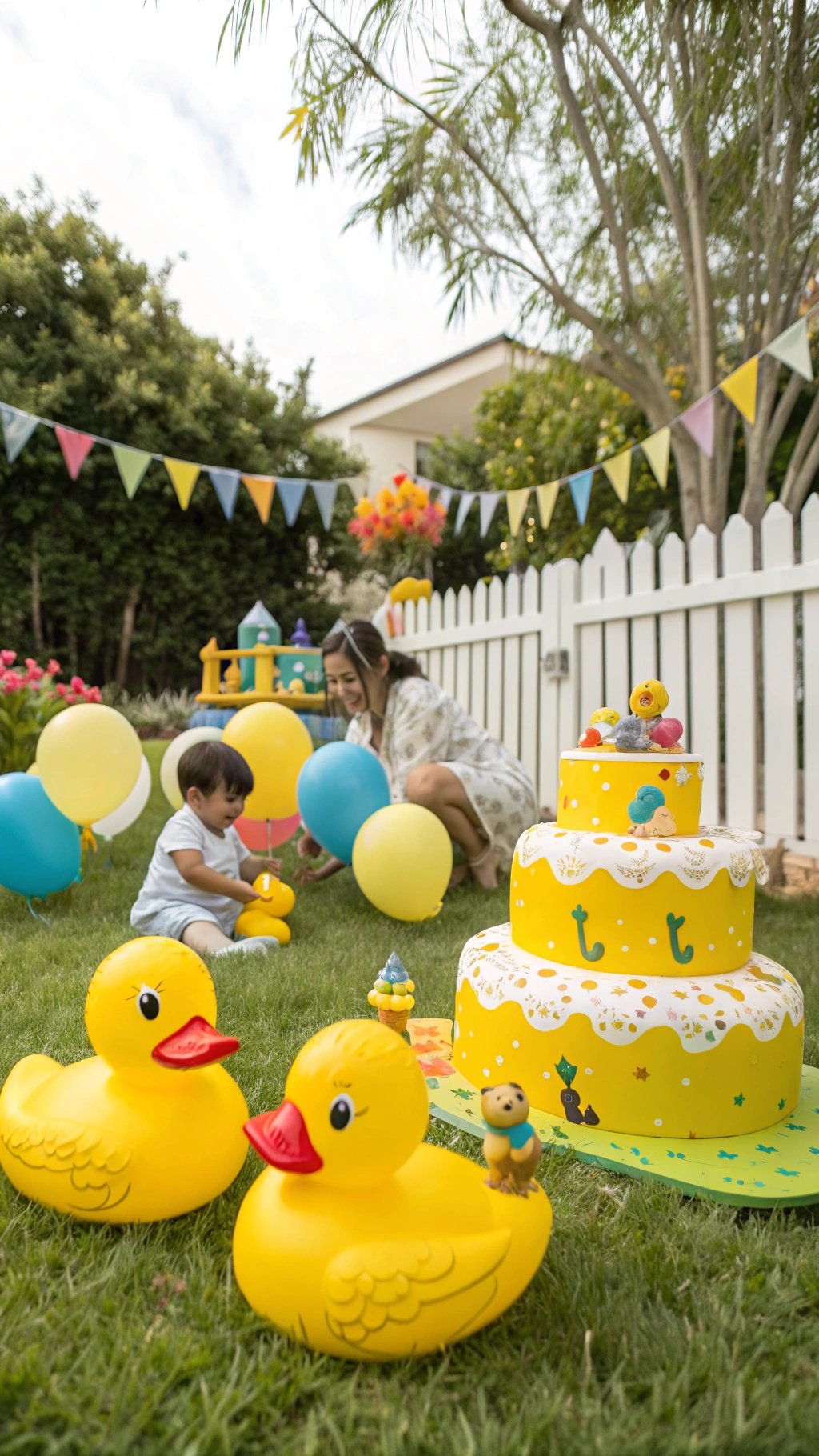 A cheerful Ducky Birthday Party setup with yellow decorations, balloons, and a cake.
