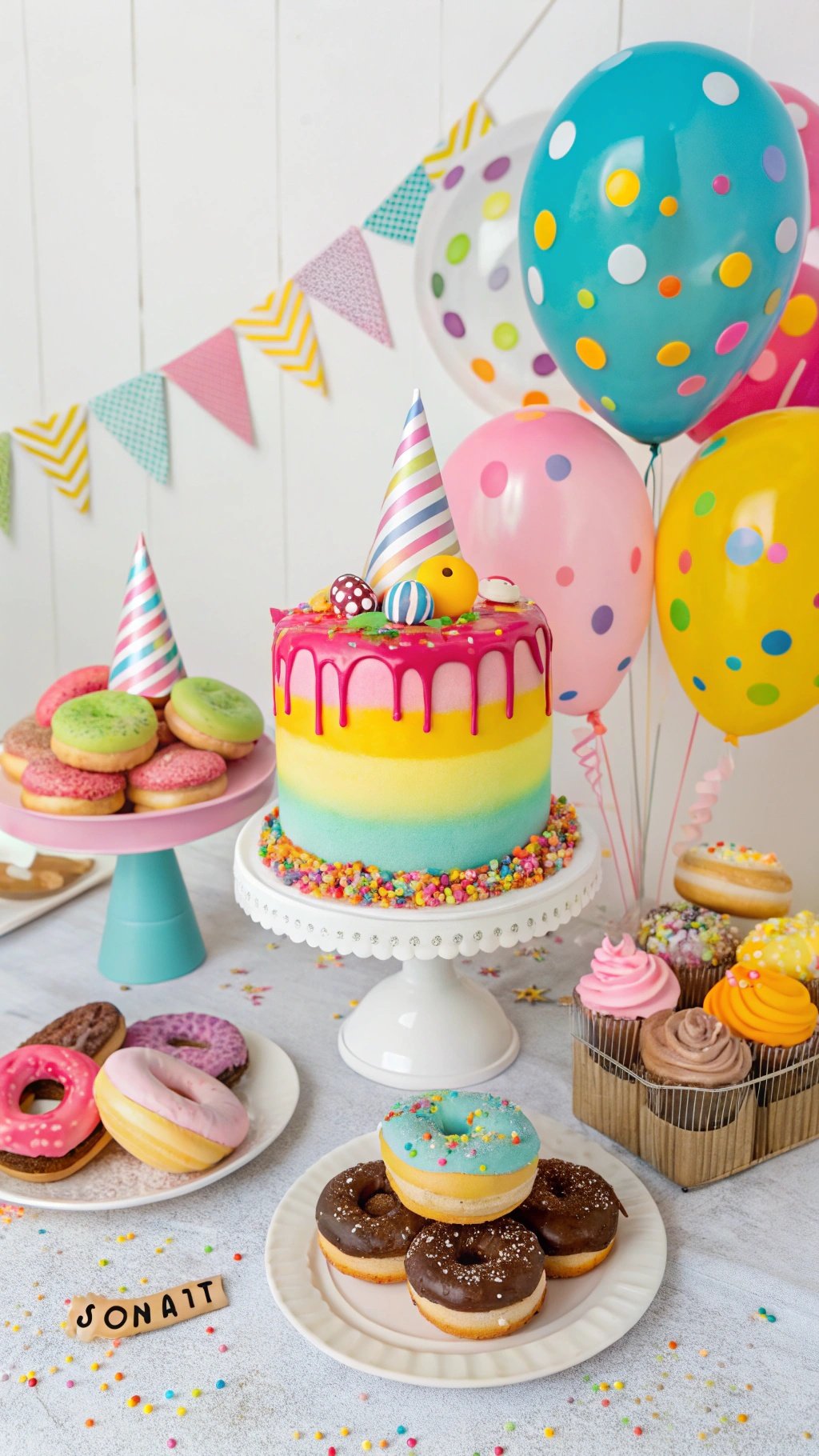 Colorful donut birthday party setup with cake and decorations