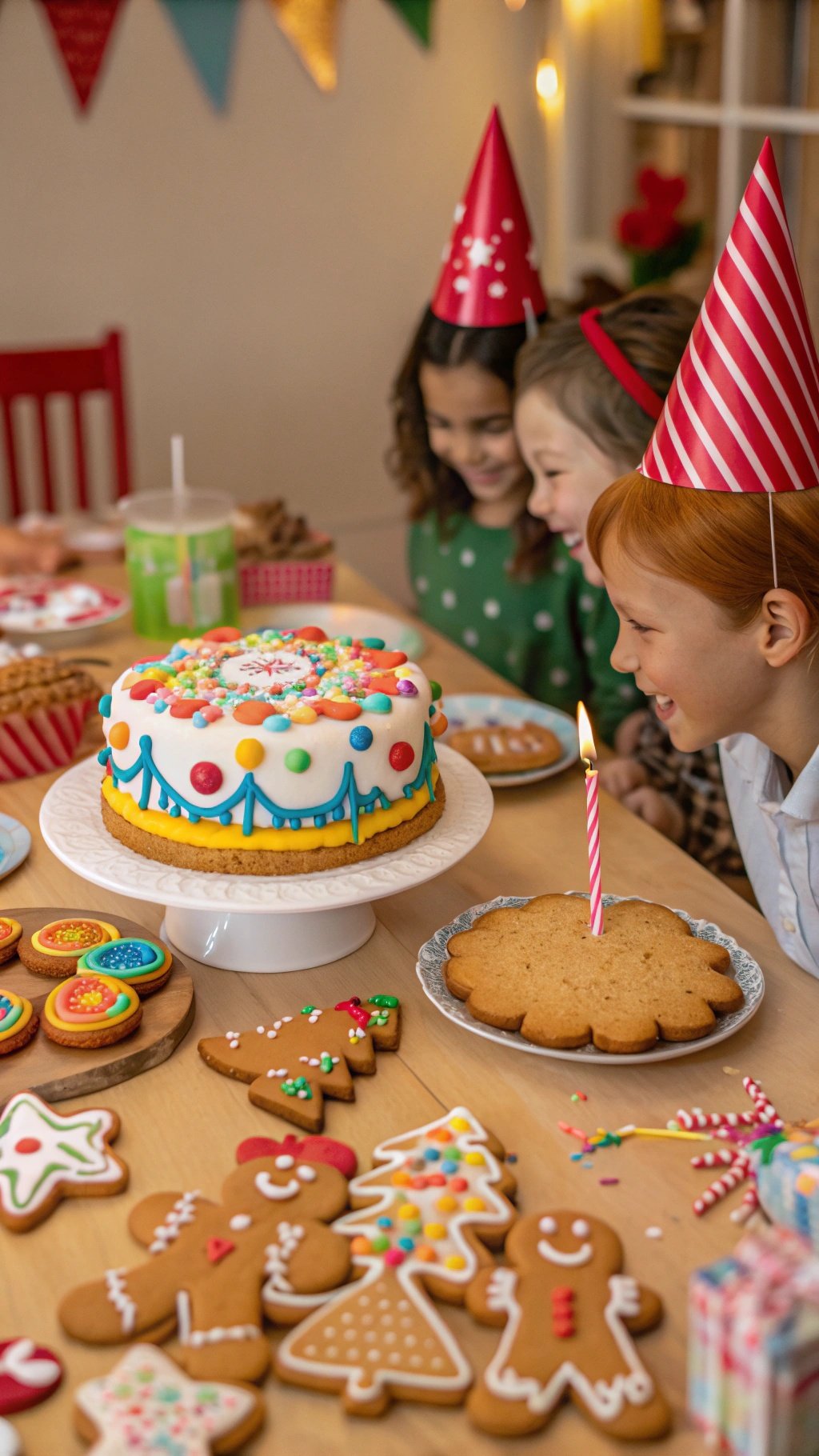 Kids celebrating a Gingerbread Birthday Party with a decorated cake and gingerbread cookies.