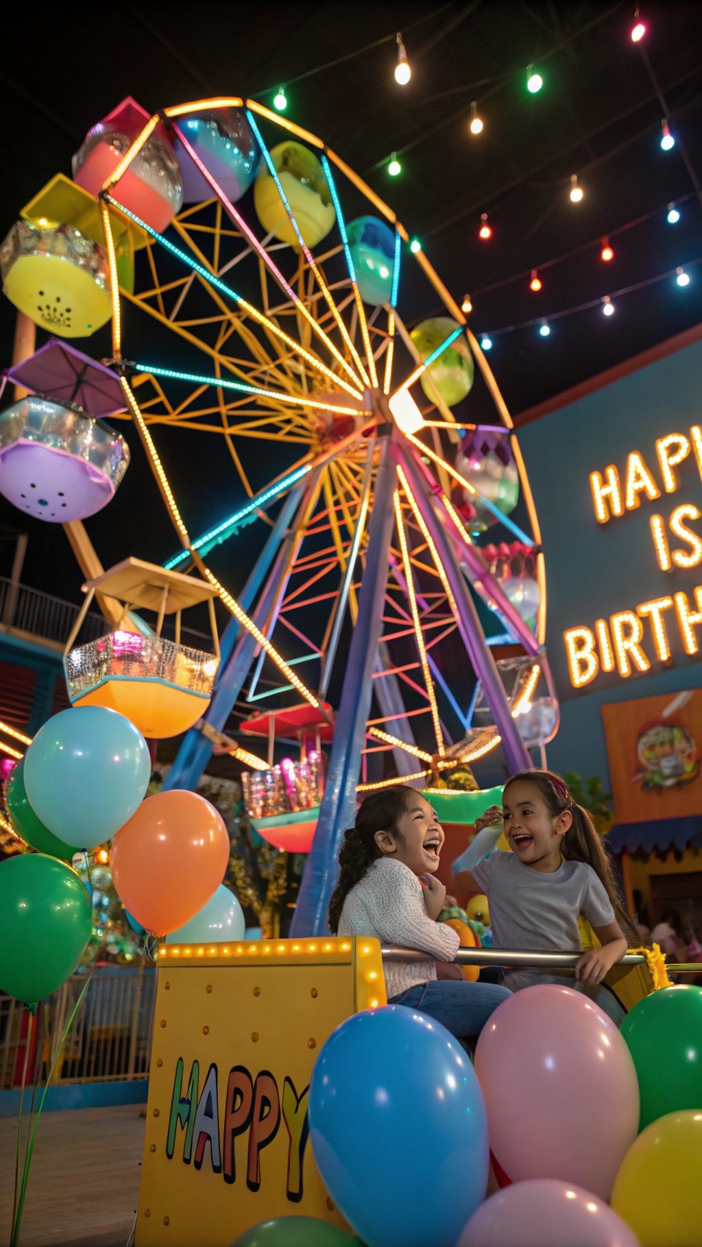 Two children laughing on a Ferris wheel with colorful balloons around them.