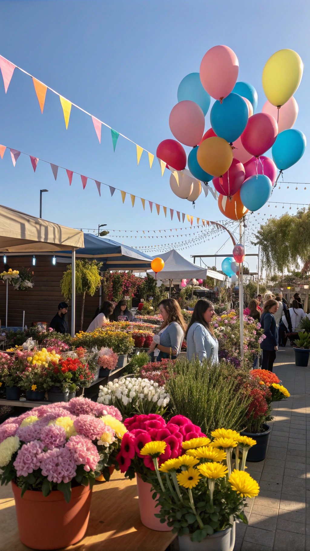 A vibrant flower market with colorful flowers, balloons, and bunting decorations.