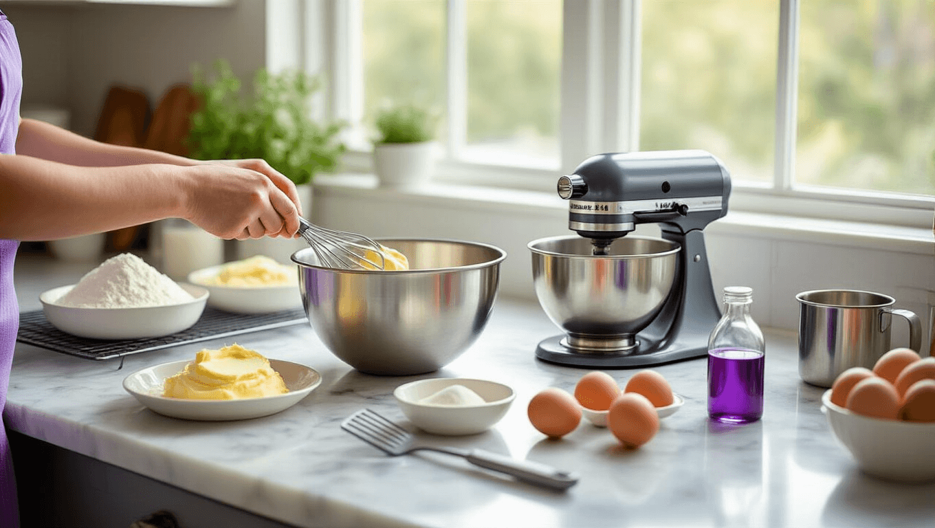 A professional kitchen scene with hands creaming butter and sugar in a stainless steel bowl, surrounded by baking ingredients like flour, eggs, vanilla extract, and purple gel food coloring, captured in warm natural light with a focus on the creaming process.