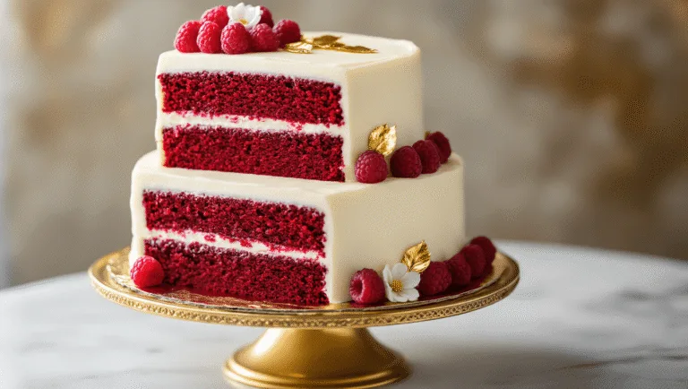 Photorealistic image of a luxurious two-tier red velvet cake with cream cheese frosting, adorned with gold leaf, fresh raspberries, and sugar flowers, displayed on a gold cake stand against a marble backdrop, featuring dramatic lighting and soft bokeh.