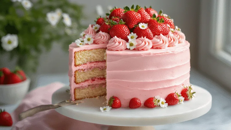 A photorealistic three-tiered strawberry layer cake with pink cream cheese frosting, fresh strawberries, and edible flowers, showcased on a white marble pedestal in a softly blurred professional kitchen setting.