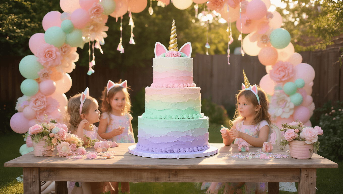 A whimsical birthday party scene featuring a three-tiered caticorn cake in pastel colors, surrounded by children in cat ear headbands playing under twinkle lights, with a dessert spread of cat-shaped cookies, rainbow macarons, and vintage mason jars of pink lemonade.