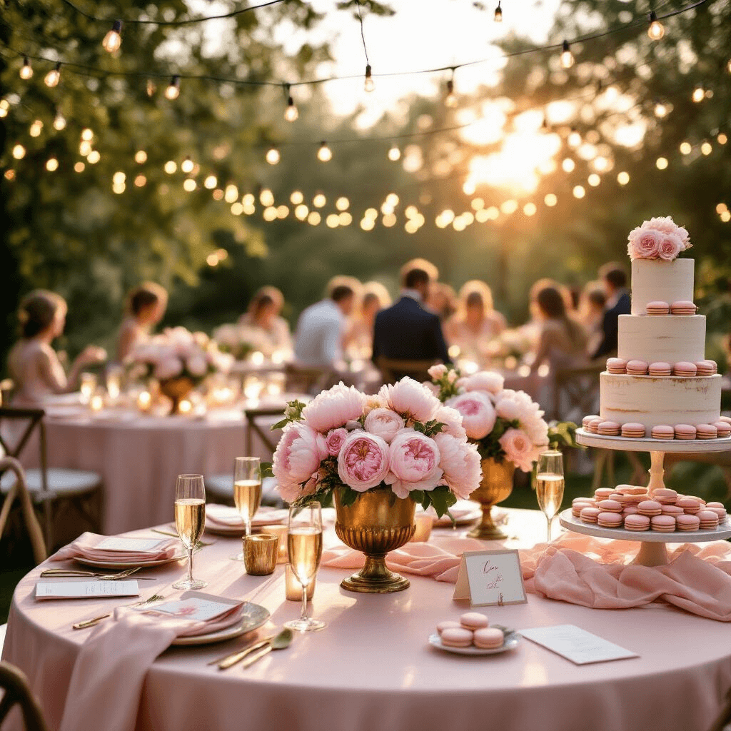 A golden hour garden party with blush pink silk table linens, antique brass vases filled with peonies and roses, fairy lights glowing overhead, guests mingling near a dessert cart with pastel macarons and a tiered naked cake, and champagne flutes reflecting soft sunlight.