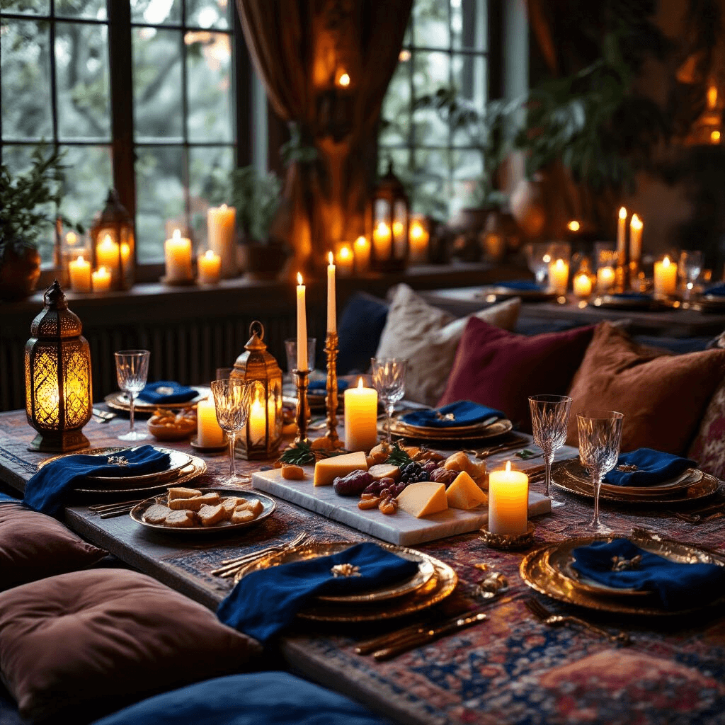 Intimate candlelit dinner party in a cozy living room, featuring low tables with gold-rimmed plates and crystal stemware, surrounded by plush velvet cushions. Moroccan lanterns and clusters of candles create warm lighting, with a beautifully arranged cheese and charcuterie board on a marble slab, captured in a moody cinematic wide shot.