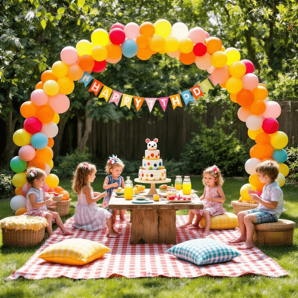 A vibrant backyard birthday party scene with a balloon arch, picnic setup, colorful decorations, a three-tiered cake, and kids playing lawn games while adults enjoy lemonade, captured from an elevated angle.