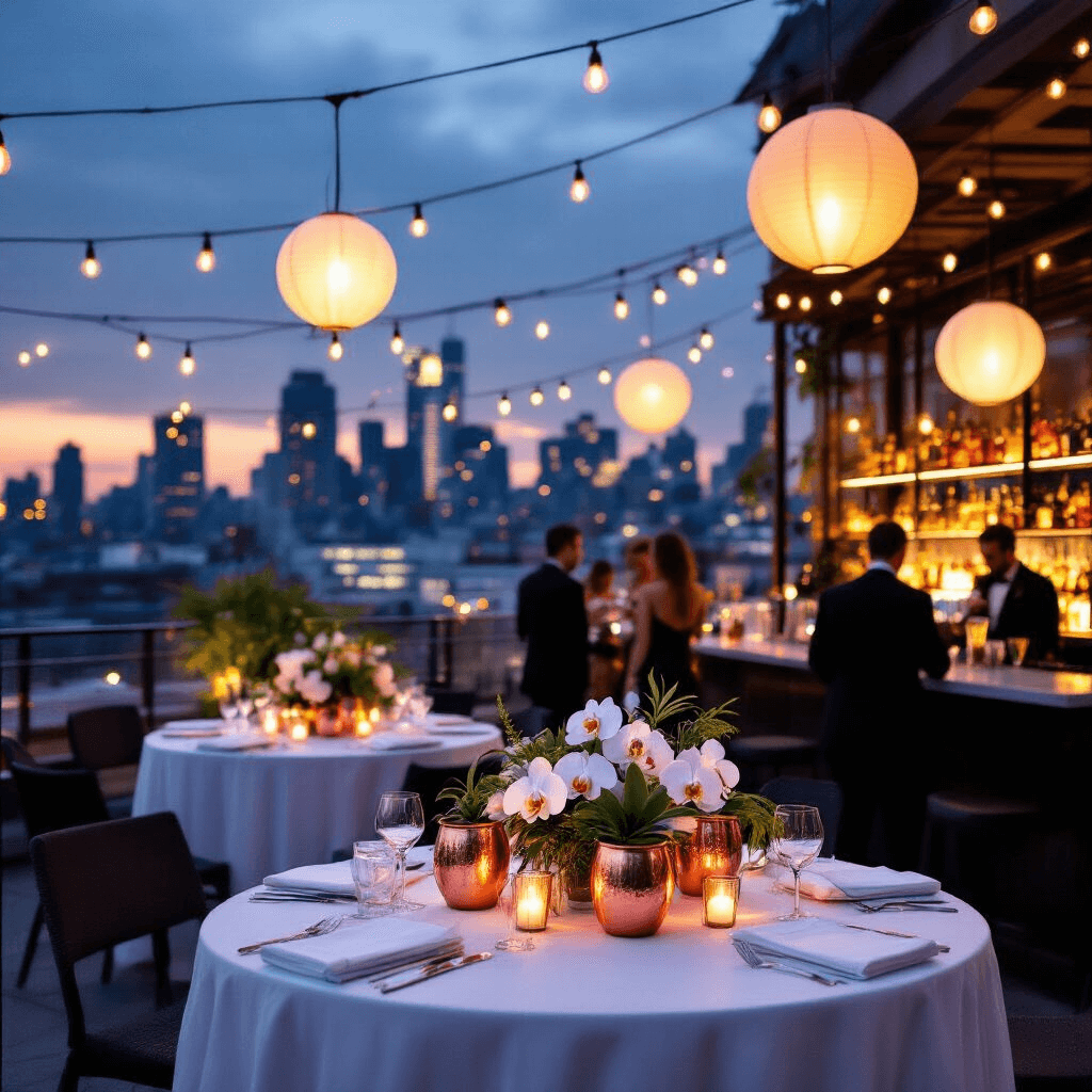 Elegant rooftop cocktail soirée at dusk featuring high-top tables with white linens, modern floral arrangements, a backlit bar with copper mugs, string lights, oversized lanterns, guests in cocktail attire, and a live jazz trio against a twinkling cityscape backdrop.
