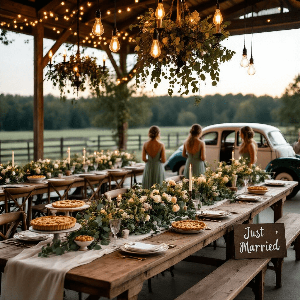 A rustic-chic barn wedding reception at twilight, featuring long farmhouse tables with ivory runners, vintage china, and lush eucalyptus and wildflower garlands. Warm glows from Edison bulb chandeliers and fairy lights illuminate the space. A dessert table displays pies on mismatched stands, while a hand-painted sign points to the dance floor. Bridesmaids in mismatched sage dresses chat near a vintage getaway car with 'Just Married' signage, all captured from an elevated angle.