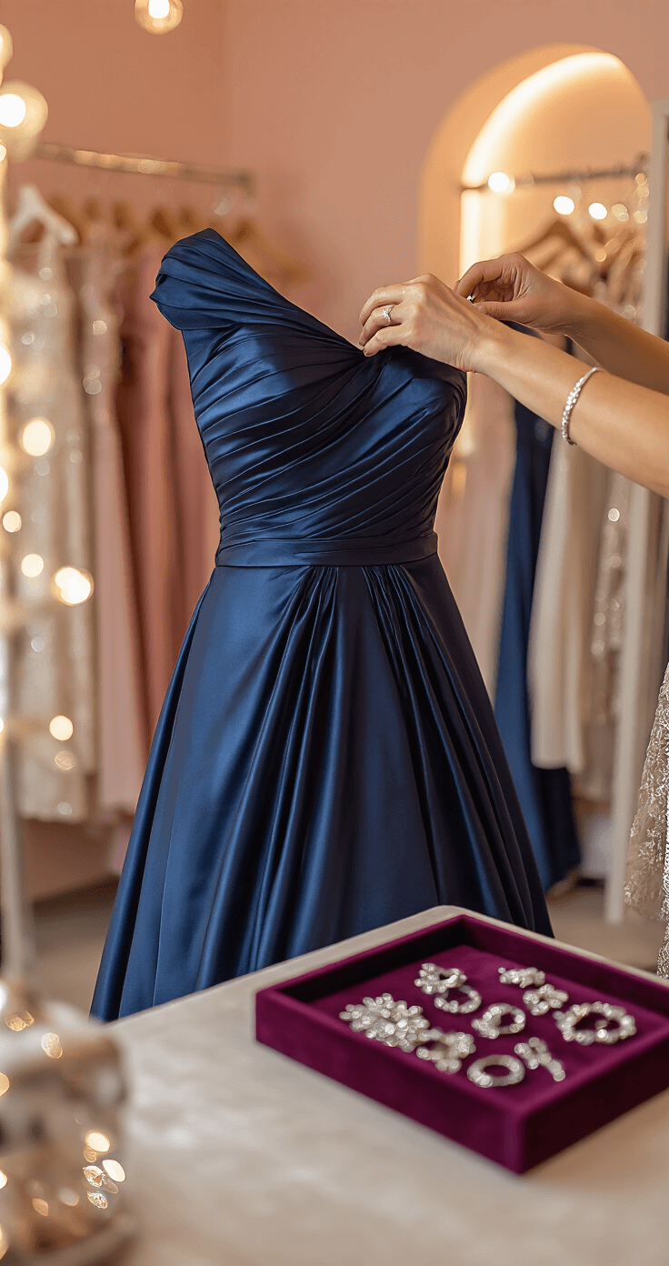 Close-up of a midnight blue satin gown being pinned for alterations in an intimate boutique fitting room with warm lighting and blush pink walls, showcasing delicate pleating and matched seams, with elegant silver accessories on a velvet-lined tray and softly blurred racks of luxury evening wear in the background.