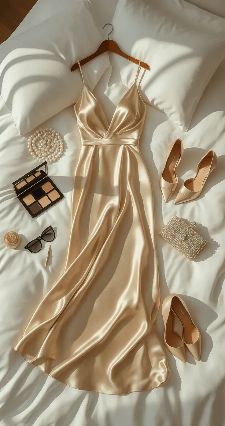 Aerial view of a modern minimalist bedroom featuring early morning light casting shadows, with a champagne satin gown draped on a white duvet, accompanied by pearl stud earrings, a crystal-embellished clutch, nude stilettos, and neatly arranged makeup products and styling tools.