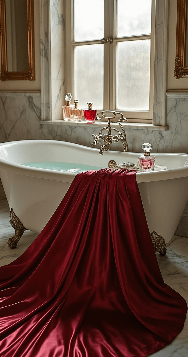 A close-up of a luxury hotel suite's marble bathroom featuring a ruby red satin gown's train cascading over a vintage clawfoot tub. Soft afternoon light filters through frosted windows, illuminating crystal perfume bottles and elegant evening accessories nearby, while an antique mirror reflects warm metallic accents and rich fabric textures. The macro focus highlights the intricate weave of the fabric and its interaction with light.