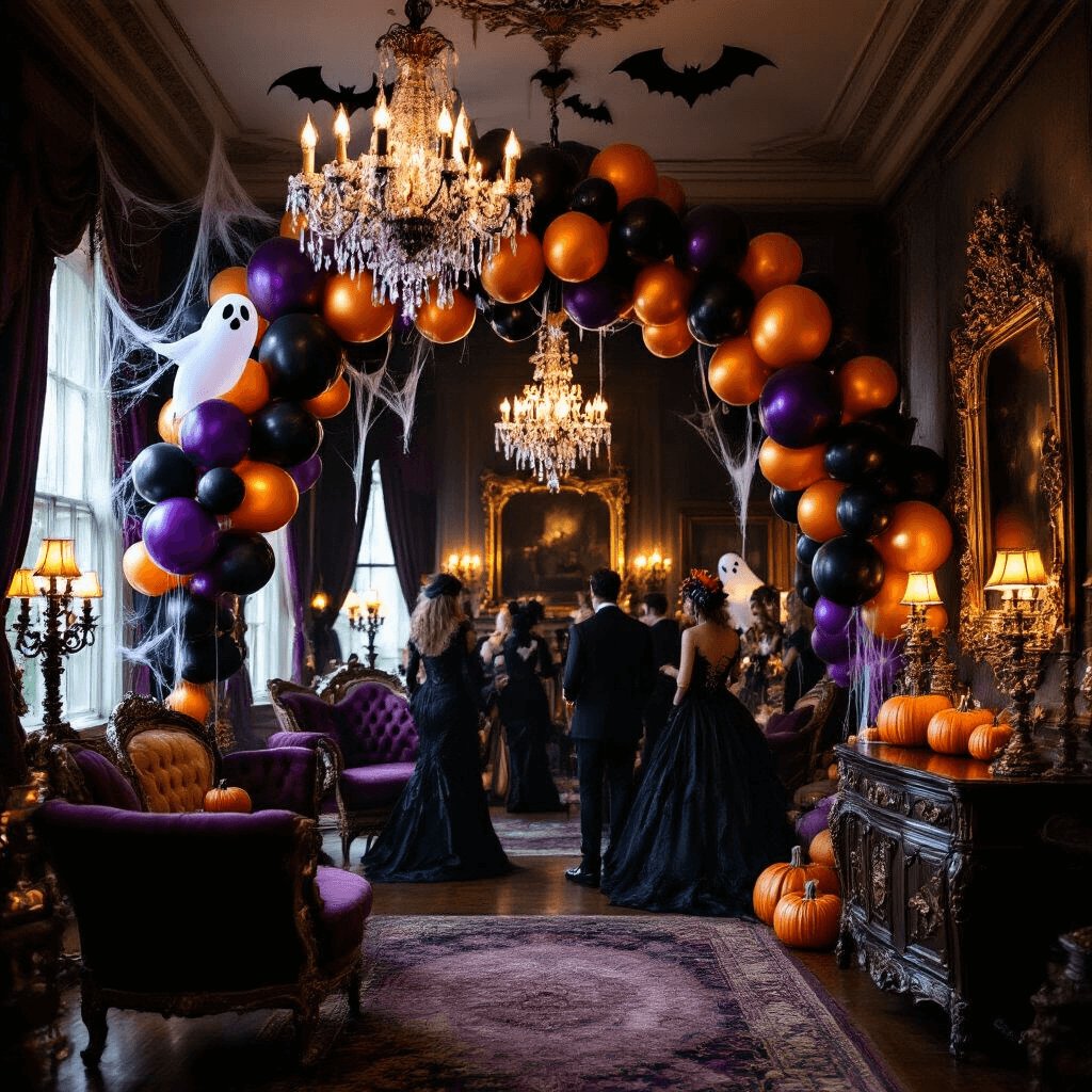 A lavish Halloween soirée in a dimly lit Victorian parlor, featuring crystal chandeliers draped with cobwebs, a balloon arch in deep purple, metallic orange, and matte black, floating ghost balloons above velvet chaise lounges, pumpkin-shaped foil balloons on a polished mahogany sideboard, and costumed guests mingling under bat-shaped balloons.